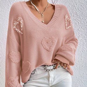 Coral Pink Casual Womens Pearls Heart Detail V-neck Drop Shoulder Sweater